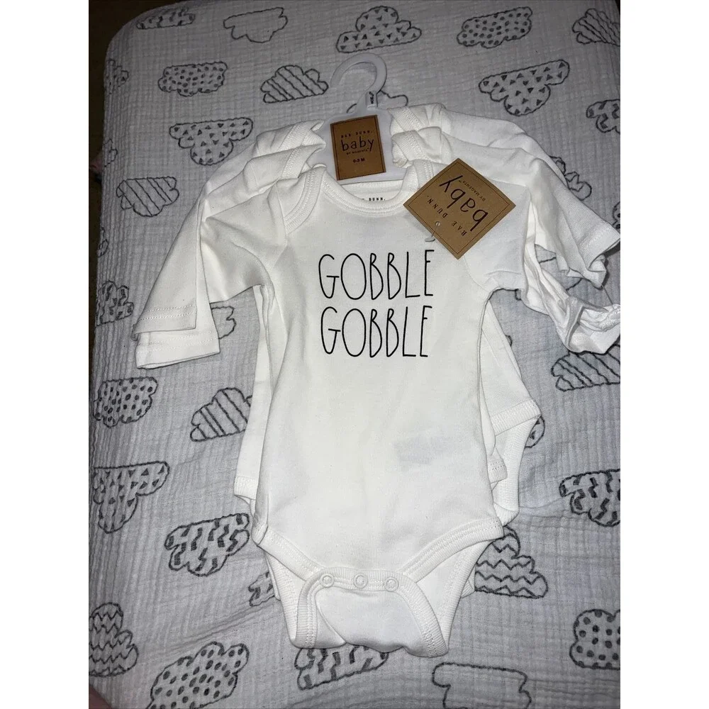 Rae Dunn NWT Baby Clothes 0-3 Months 3 Pack Bodysuits Gobble, Thankful, Blessed.